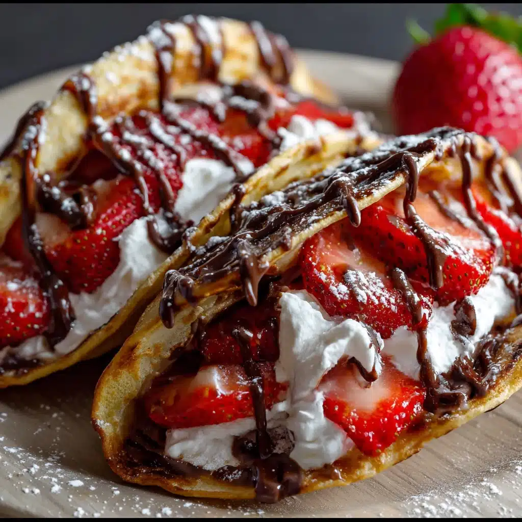 Chocolate Strawberry Cheesecake Pancake Tacos filled with creamy cheesecake and fresh strawberries