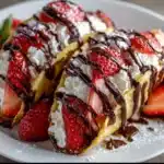 Chocolate Strawberry Cheesecake Pancake Tacos filled with creamy cheesecake and fresh strawberries