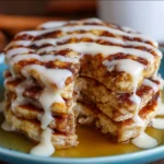 Stack of fluffy cinnamon roll pancakes with cinnamon swirl and cream cheese glaze drizzled on top.