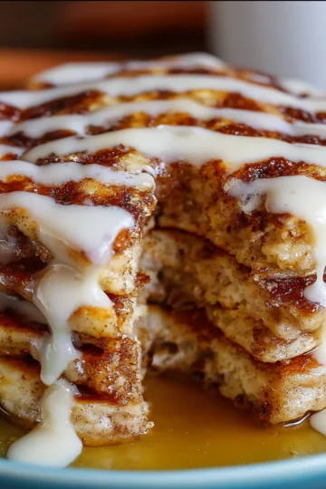 Stack of fluffy cinnamon roll pancakes with cinnamon swirl and cream cheese glaze drizzled on top.