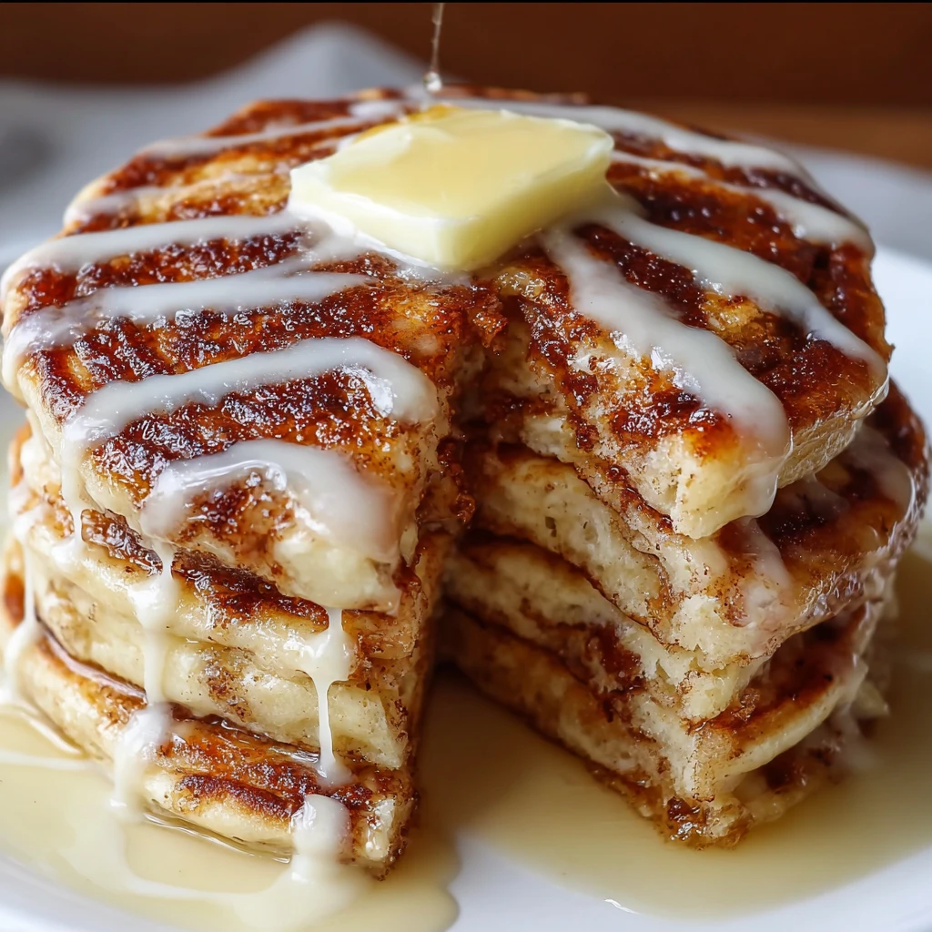 Stack of fluffy cinnamon roll pancakes with cinnamon swirl and cream cheese glaze drizzled on top.