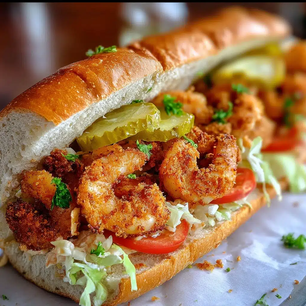 Classic New Orleans Fried Shrimp Po-Boy with crispy shrimp, remoulade sauce, lettuce, tomato and pickles on French bread.