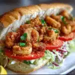 Classic New Orleans Fried Shrimp Po-Boy with crispy shrimp, remoulade sauce, lettuce, tomato and pickles on French bread.
