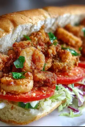 Classic New Orleans Fried Shrimp Po-Boy with crispy shrimp, remoulade sauce, lettuce, tomato and pickles on French bread.