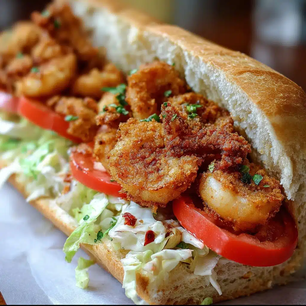 Classic New Orleans Fried Shrimp Po-Boy with crispy shrimp, remoulade sauce, lettuce, tomato and pickles on French bread.