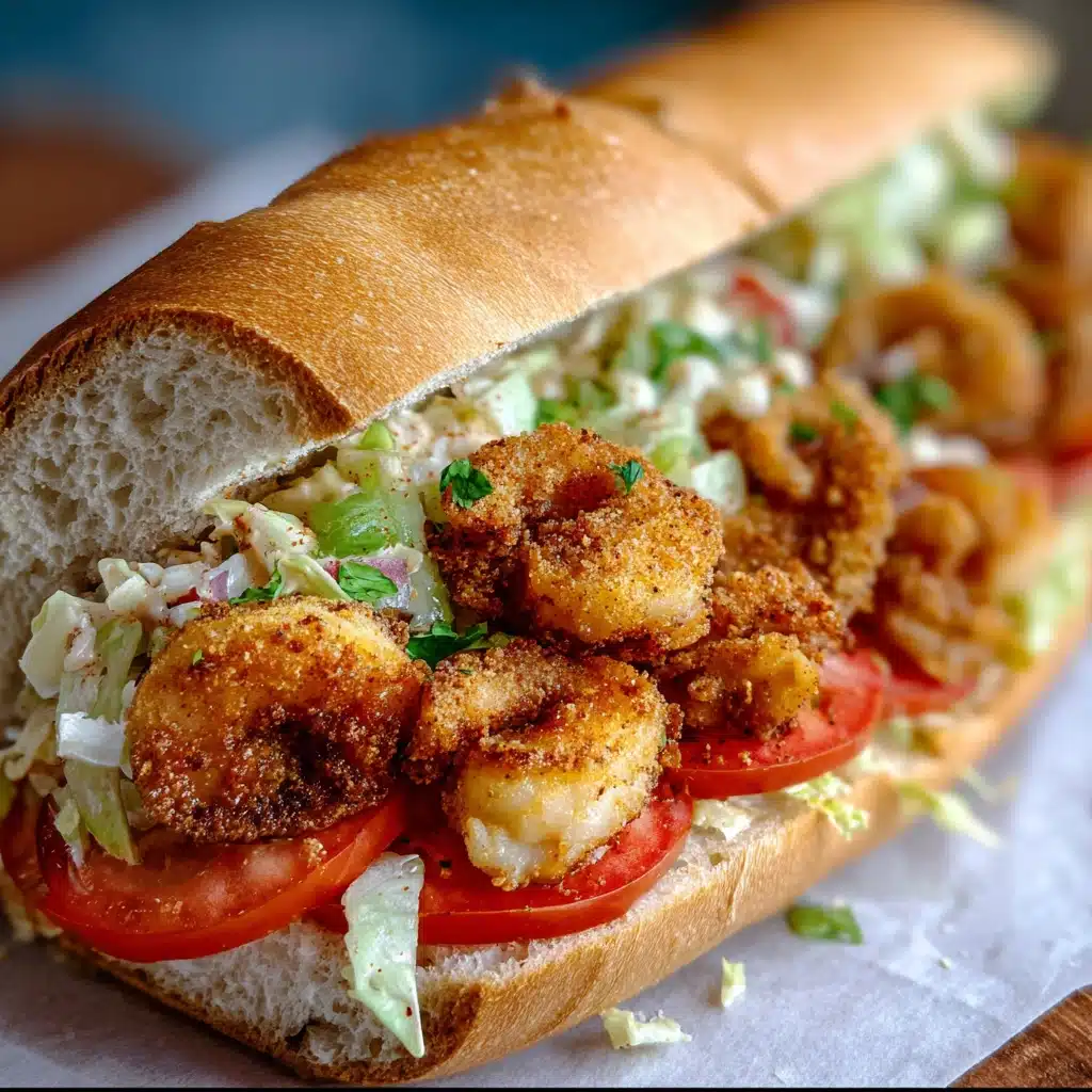 Classic New Orleans Fried Shrimp Po-Boy with crispy shrimp, remoulade sauce, lettuce, tomato and pickles on French bread.