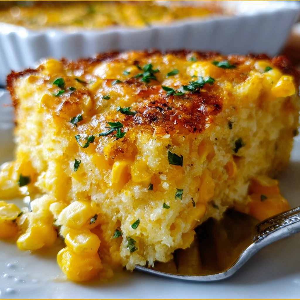 Golden cheesy corn casserole with buttery cracker topping fresh from the oven
