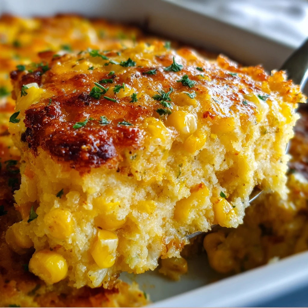 Golden cheesy corn casserole with buttery cracker topping fresh from the oven