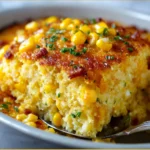 Golden cheesy corn casserole with buttery cracker topping fresh from the oven