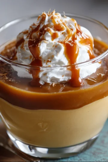 Bowl of creamy homemade butterscotch pudding topped with whipped cream