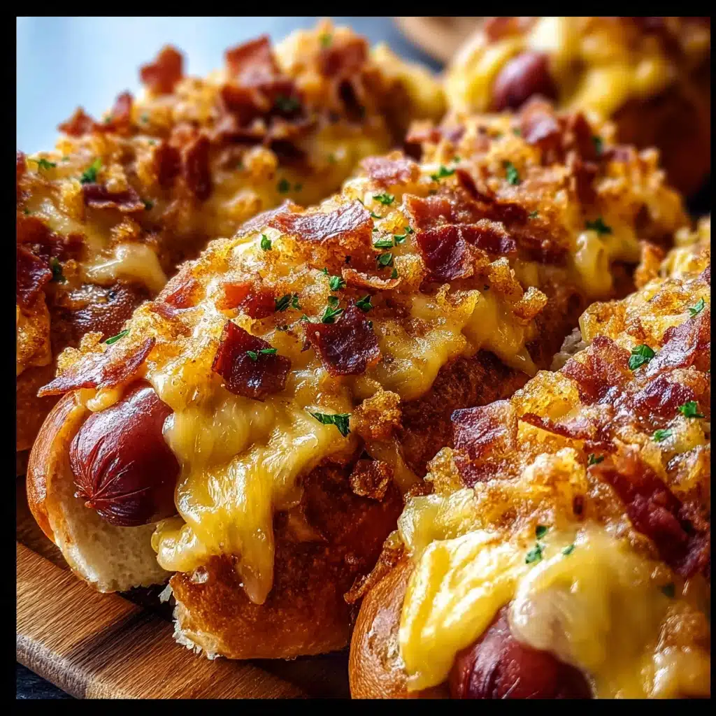 Crispy Cheesy Hotdogs Bake with golden dough and melted cheddar and mozzarella cheese