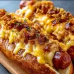 Crispy Cheesy Hotdogs Bake with golden dough and melted cheddar and mozzarella cheese