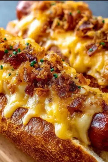 Crispy Cheesy Hotdogs Bake with golden dough and melted cheddar and mozzarella cheese