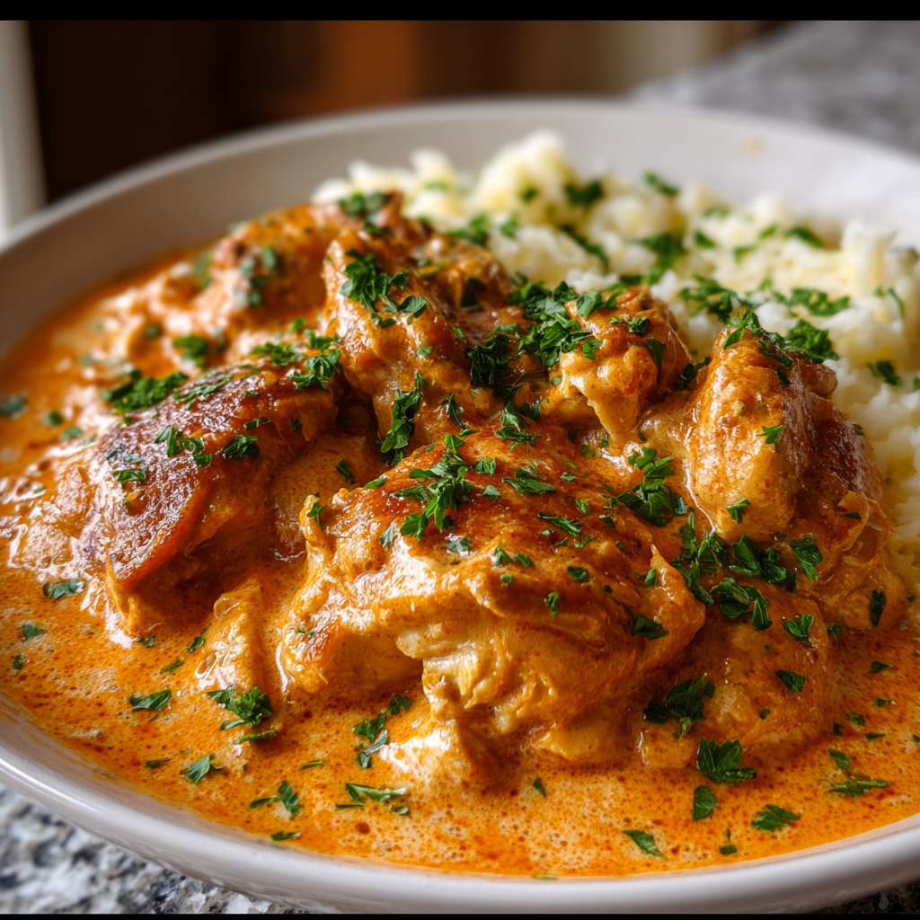 Creamy Hungarian Chicken Paprikash with tender chicken and vibrant paprika sauce over egg noodles.