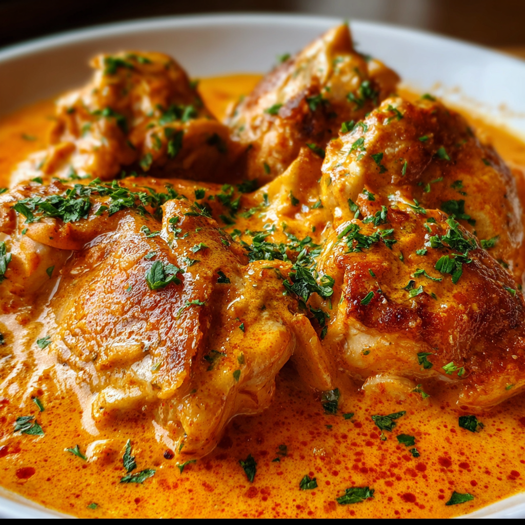 Creamy Hungarian Chicken Paprikash with tender chicken and vibrant paprika sauce over egg noodles.