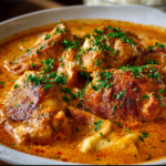 Creamy Hungarian Chicken Paprikash with tender chicken and vibrant paprika sauce over egg noodles.