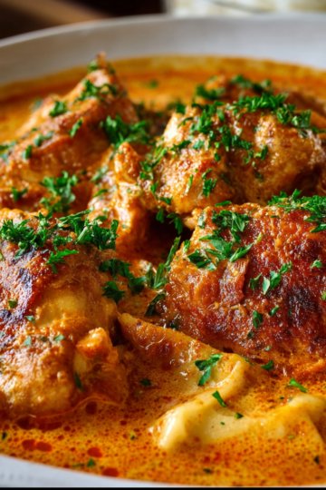 Creamy Hungarian Chicken Paprikash with tender chicken and vibrant paprika sauce over egg noodles.