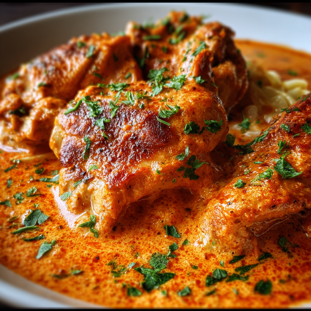 Creamy Hungarian Chicken Paprikash with tender chicken and vibrant paprika sauce over egg noodles.