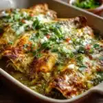 Mexican Green Chile Chicken and Cheese Enchiladas in a baking dish with melty cheese and cilantro garnish.