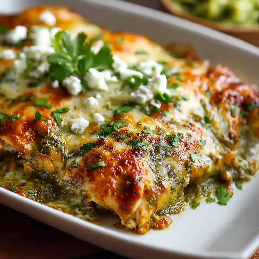 Mexican Green Chile Chicken and Cheese Enchiladas in a baking dish with melty cheese and cilantro garnish.