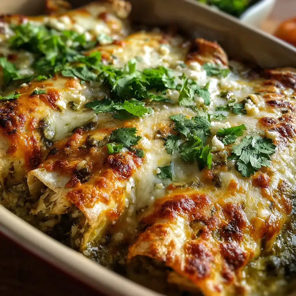 Mexican Green Chile Chicken and Cheese Enchiladas in a baking dish with melty cheese and cilantro garnish.