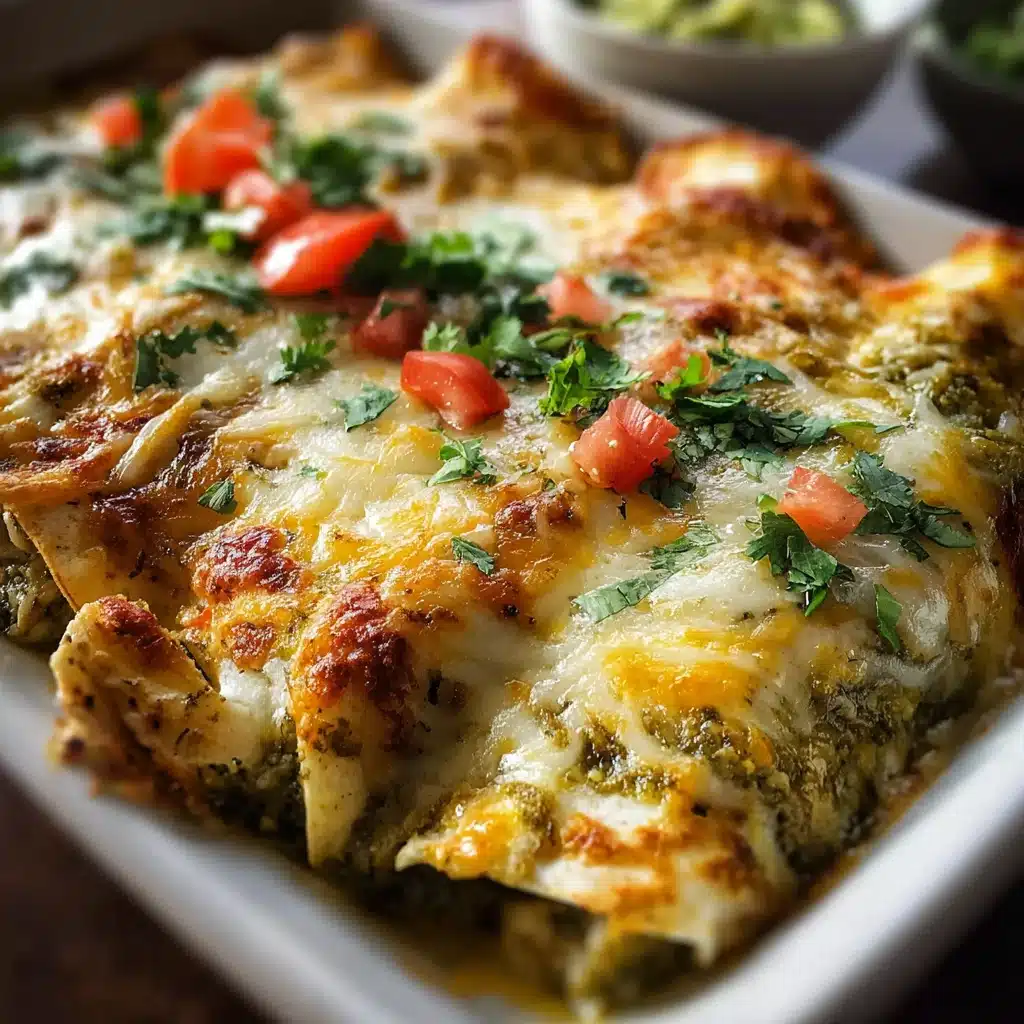 Mexican Green Chile Chicken and Cheese Enchiladas in a baking dish with melty cheese and cilantro garnish.