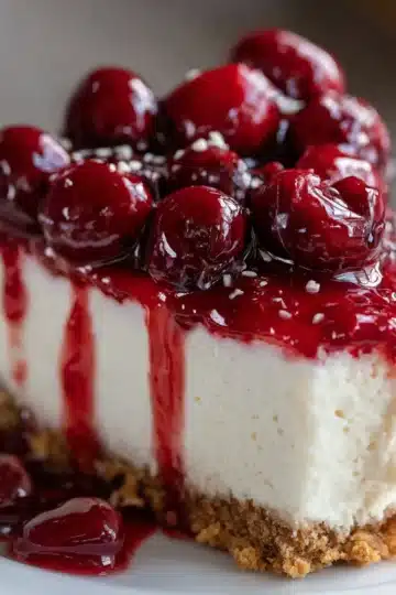 No-Bake Cherry Cheesecake with graham crust and cherry topping