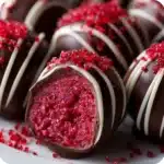 Raspberry truffles rolled in cocoa powder and crushed freeze-dried raspberries on parchment paper
