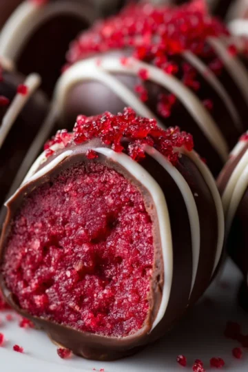 Raspberry truffles rolled in cocoa powder and crushed freeze-dried raspberries on parchment paper