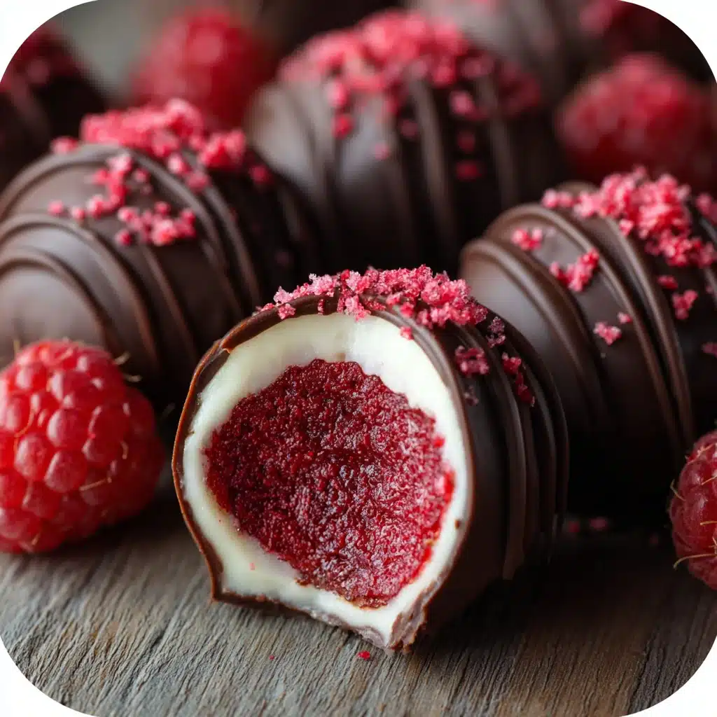 Raspberry truffles rolled in cocoa powder and crushed freeze-dried raspberries on parchment paper