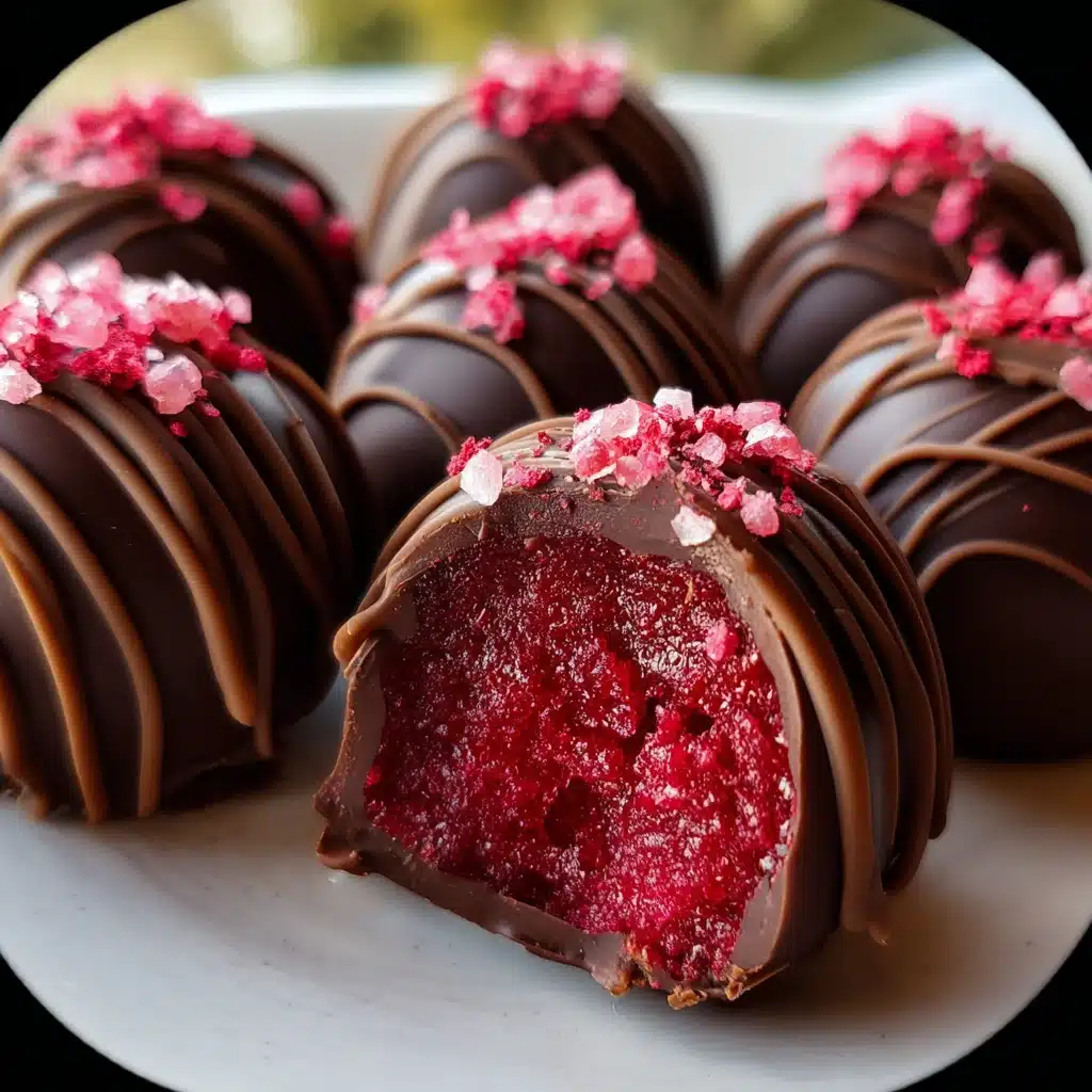 Raspberry truffles rolled in cocoa powder and crushed freeze-dried raspberries on parchment paper