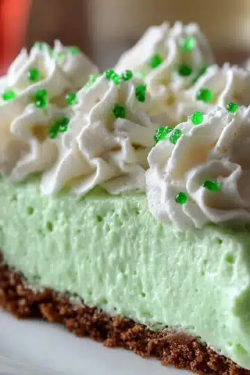 Slice of bright green Shamrock Shake Pie with whipped cream and chocolate shavings