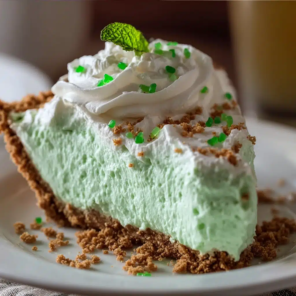 Slice of bright green Shamrock Shake Pie with whipped cream and chocolate shavings