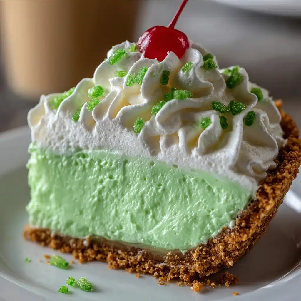 Slice of bright green Shamrock Shake Pie with whipped cream and chocolate shavings