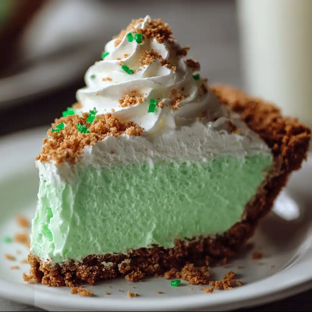 Slice of bright green Shamrock Shake Pie with whipped cream and chocolate shavings