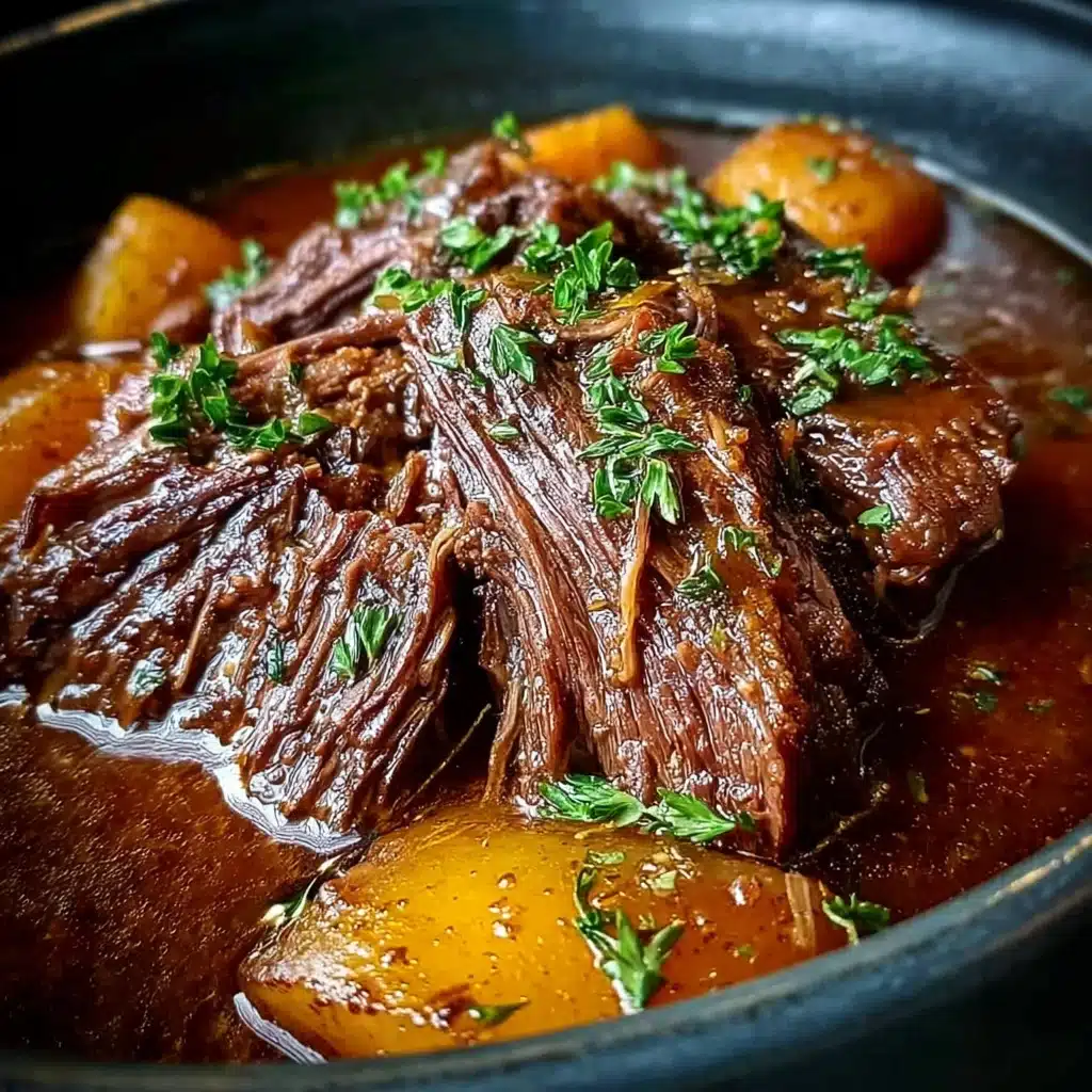 Slow Cooker Amish Pot Roast with tender beef, carrots, and potatoes in rich gravy