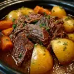 Slow Cooker Amish Pot Roast with tender beef, carrots, and potatoes in rich gravy