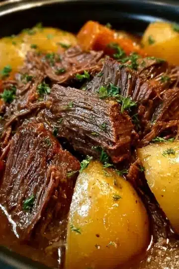 Slow Cooker Amish Pot Roast with tender beef, carrots, and potatoes in rich gravy