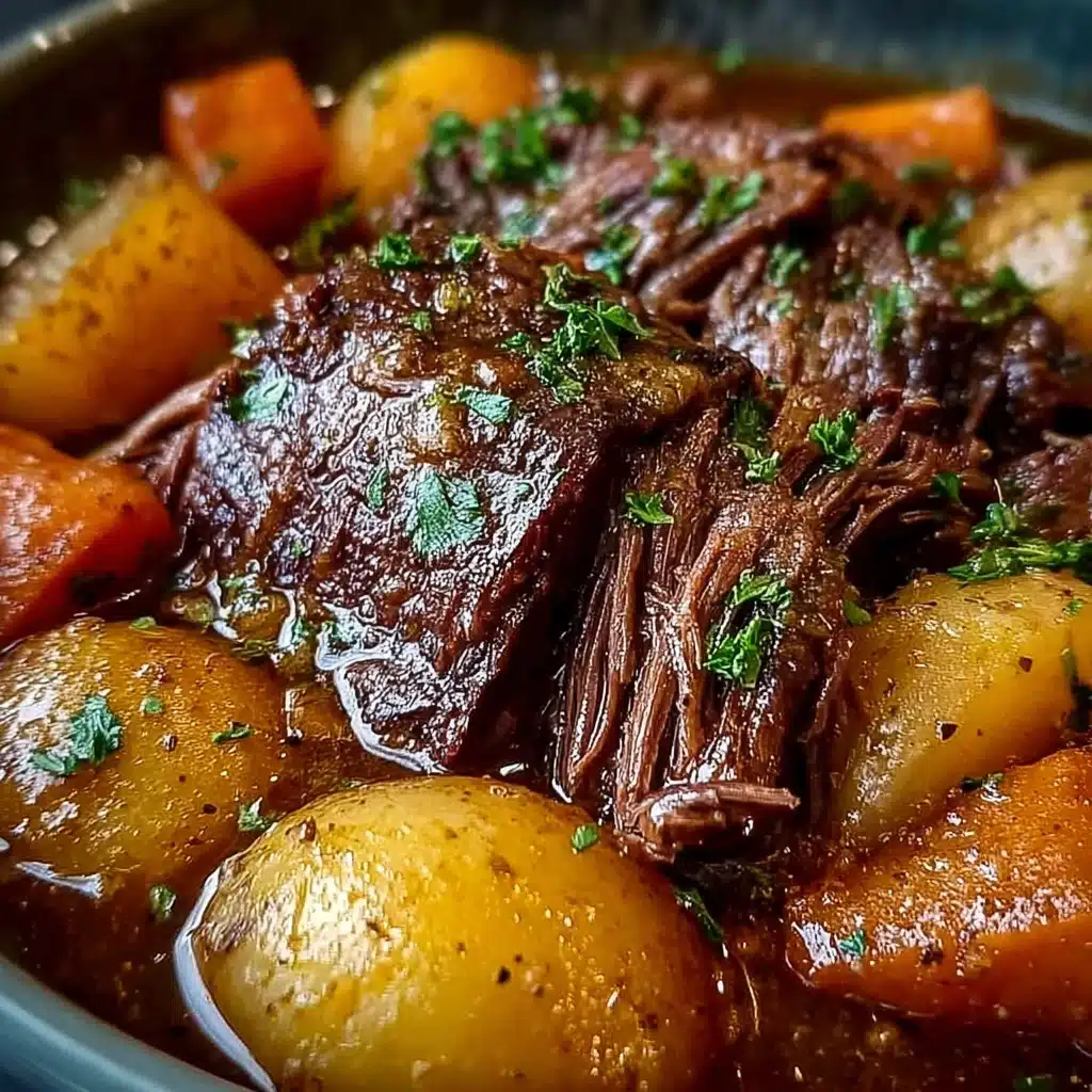 Slow Cooker Amish Pot Roast with tender beef, carrots, and potatoes in rich gravy
