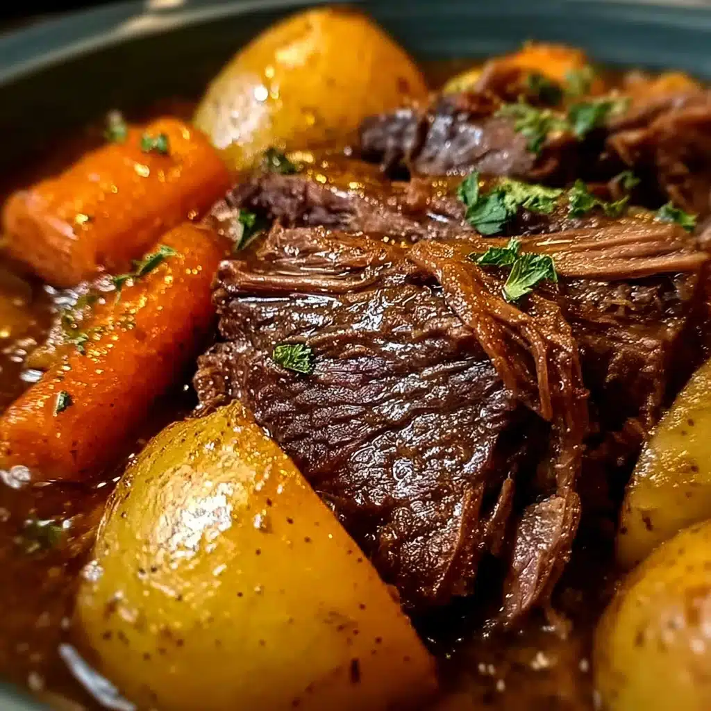 Slow Cooker Amish Pot Roast with tender beef, carrots, and potatoes in rich gravy