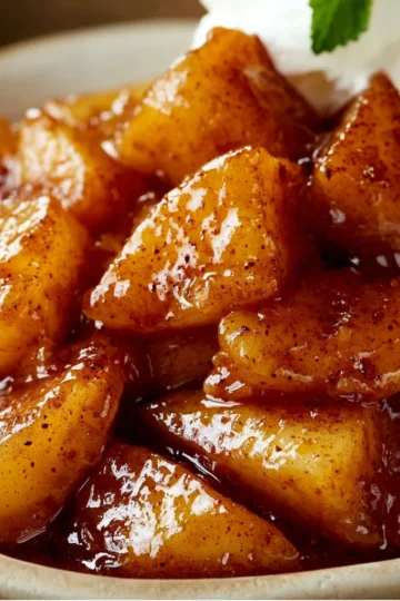 Slow cooker filled with warm cinnamon-spiced Cracker Barrel-style fried apples