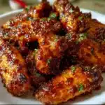 Golden crispy spicy glazed chicken wings with sticky honey-hot sauce on a platter