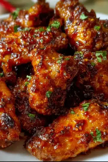 Golden crispy spicy glazed chicken wings with sticky honey-hot sauce on a platter