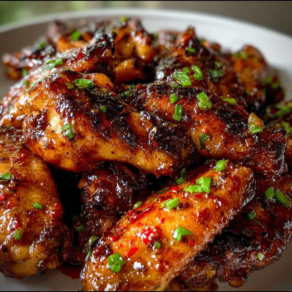Golden crispy spicy glazed chicken wings with sticky honey-hot sauce on a platter