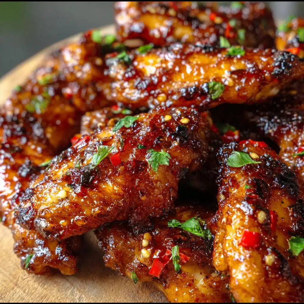 Golden crispy spicy glazed chicken wings with sticky honey-hot sauce on a platter