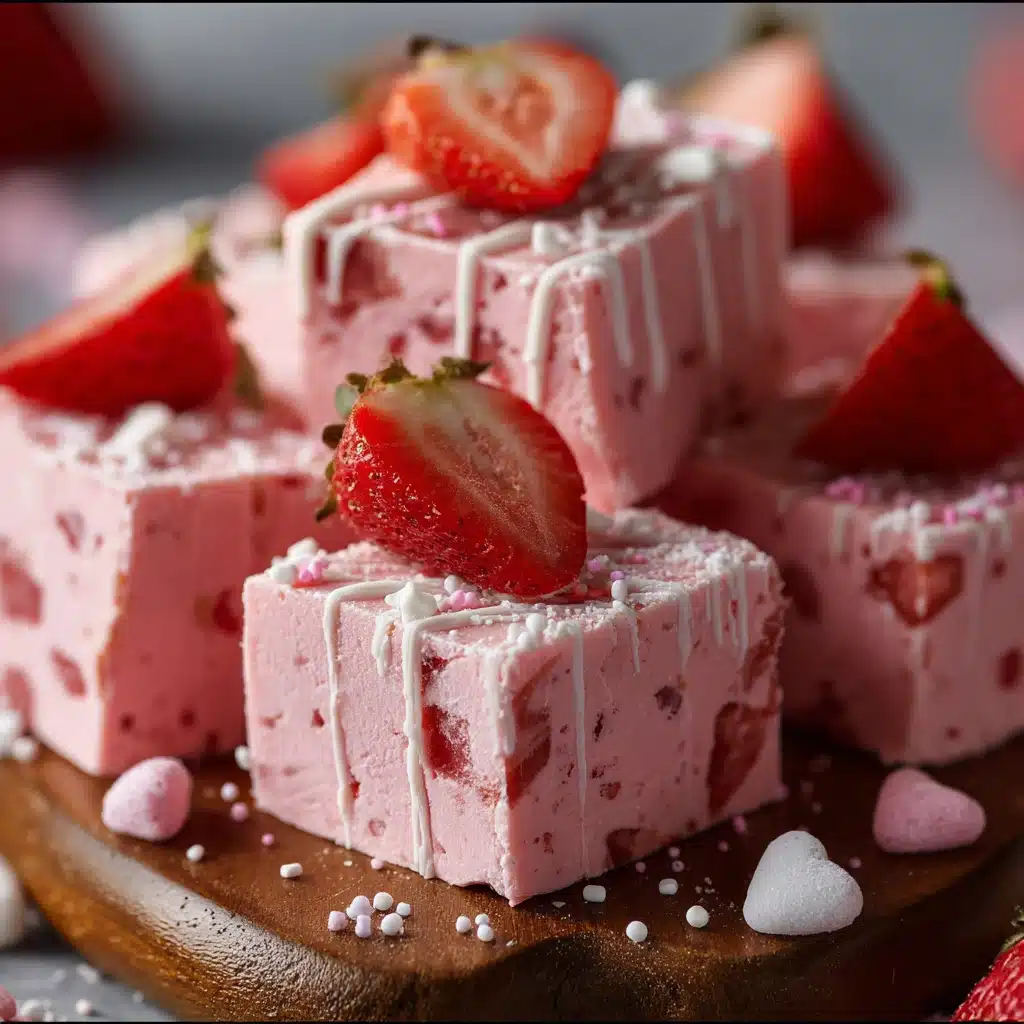 Pink Strawberry Fudge Squares on White Plate — creamy white chocolate dessert with bits of strawberry