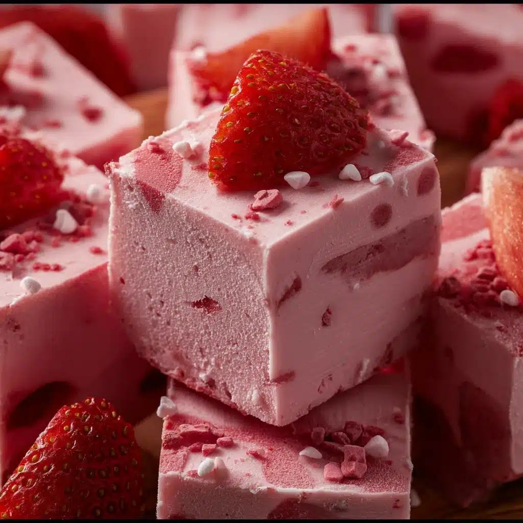 Pink Strawberry Fudge Squares on White Plate — creamy white chocolate dessert with bits of strawberry