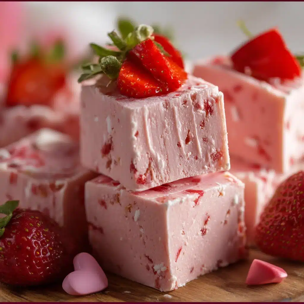 Pink Strawberry Fudge Squares on White Plate — creamy white chocolate dessert with bits of strawberry