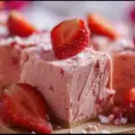 Pink Strawberry Fudge Squares on White Plate — creamy white chocolate dessert with bits of strawberry