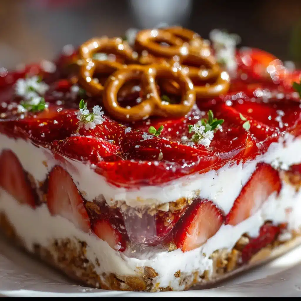 Strawberry Pretzel Salad with three layers — pretzel crust, creamy filling, and bright strawberry gelatin topping.
